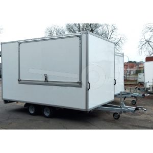 Power Trailer gesloten plateau aanhangwagen (lxbxh) 407x180x188cm, model GEPLA NR.7, Bruto 3500kg, witte glad plywood panelen met polyester coating (ook wit dak), Tandemas geremd.