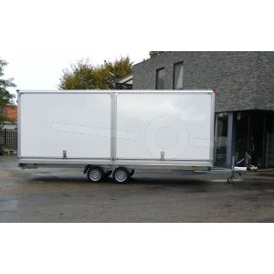 Power Trailer gesloten plateau aanhangwagen (lxbxh) 607x200x200cm, model GEPLA NR.12, Bruto 2000kg, witte glad plywood panelen met polyester coating (ook wit dak), Tandemas geremd.