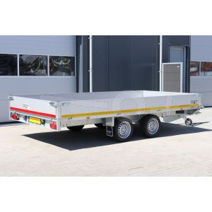 Eduard plateauwagen 406x200cm met 30cm borden. Laadvloerhoogte 63cm. Bruto laadvermogen 2700kg.