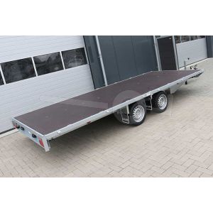 Vlakke Eduard plateauwagen zonder borden 4520-4-PV-250-72, afmeting 456x200cm, bruto laadvermogen 2500kg, laadvloerhoogte 72cm.