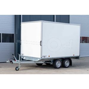 Power Trailer gesloten plateau aanhangwagen (lxbxh) 307x180x188cm, model GEPLA NR.5, Bruto 3500kg, witte glad plywood panelen met polyester coating (ook wit dak), Tandemas geremd