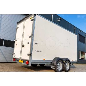 Humbaur HK 254018-20P FlexZurr gesloten aanhangwagen 407x181x200 (lxbxh), Bruto 2500kg (1570kg netto), witte 18mm plywoodpanelen, 2 deuren achter, vloerhoogte 56cm, banden 15", tandemas geremd