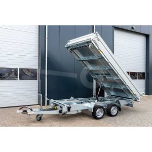 Humbaur kipper HTK 2700.31 (lxb) 314x175cm, bruto 2700kg (1840 netto), 3 zijdig kippend, handmatig, laadvloerhoogte 75cm, 35cm aluminium borden, banden 13", tandemas